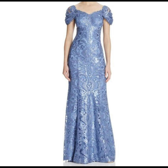 TADASHI SHOJI blue sequin beaded cap sleeve formal gown - Picture 1 of 7